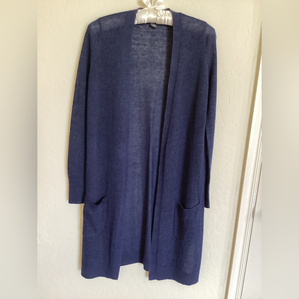 Halogen Navy Open-Front Long Cardigan with Pockets